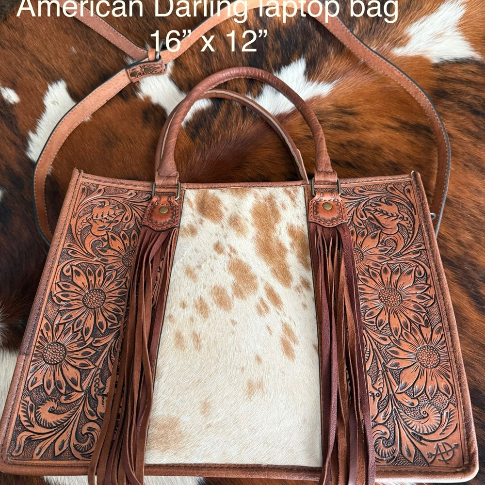 American Darling Floral Tan and Brown Leather Laptop Bag